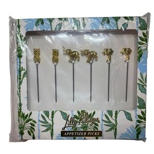 Lilly Pulitzer Appetizer Picks Set of 6 Pineapple Elephant Palm Tree Gold Finish